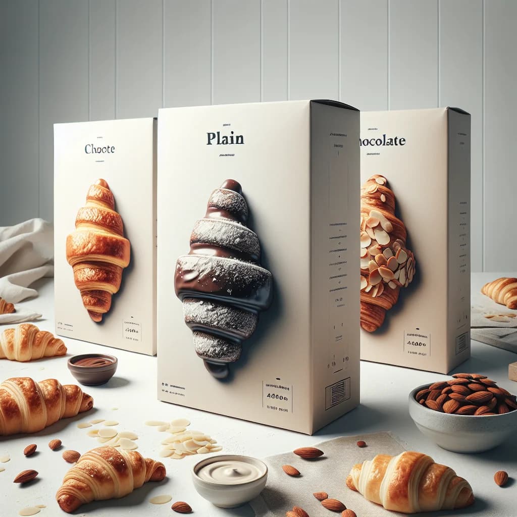 frozen croissant dough in bulk packaging with variations on a white background