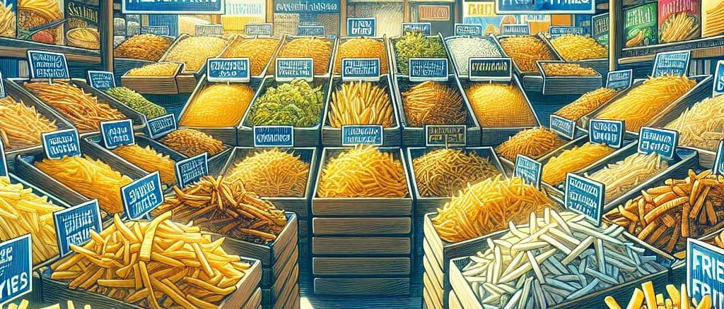 Variety of frozen french fries in different packaging on a simple background