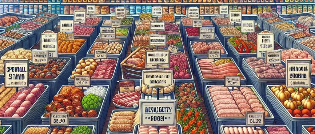 Selection of frozen meat preparations with varying packaging options on a wooden kitchen table