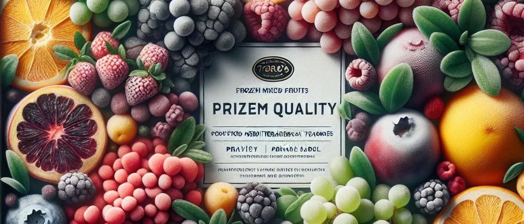 Assorted frozen mixed fruits in various packaging with icy texture