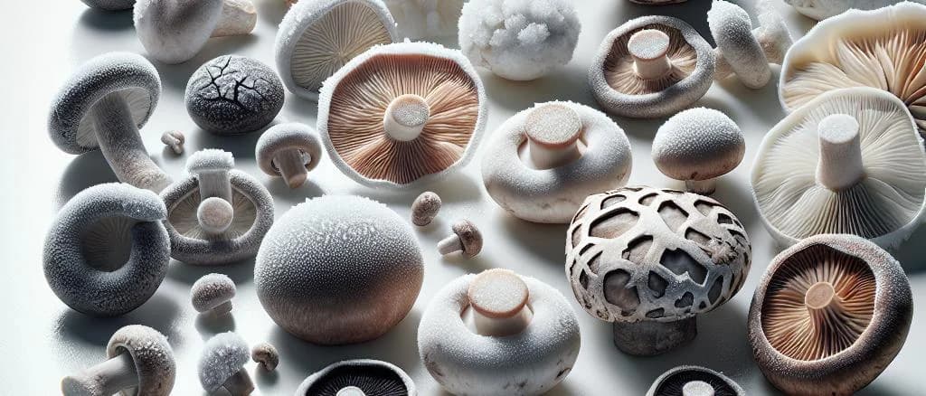 frozen mixed mushrooms assortment on a clean background