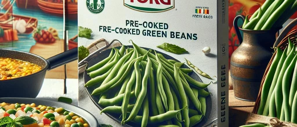 Frozen precooked green beans in various packaging options with a clean, professional background