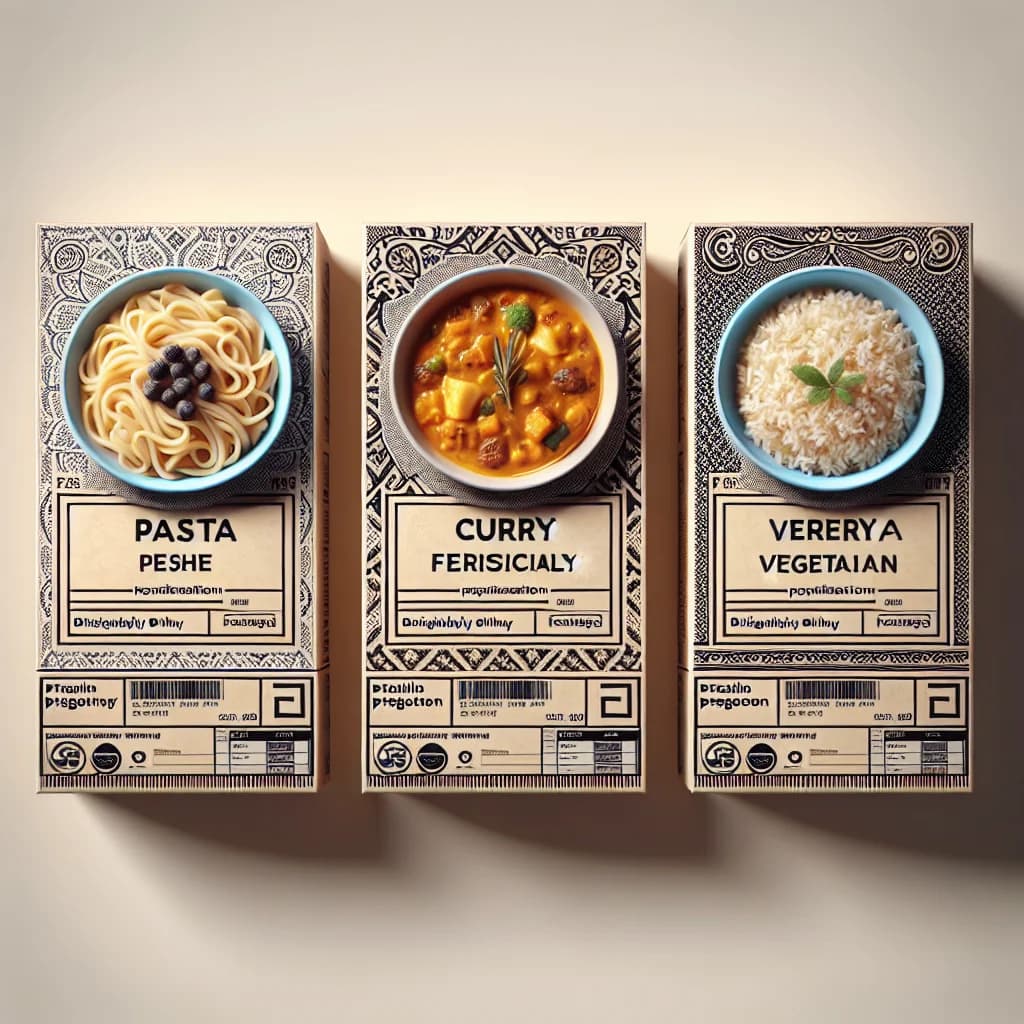 frozen ready meal packaging on clean background featuring product variations
