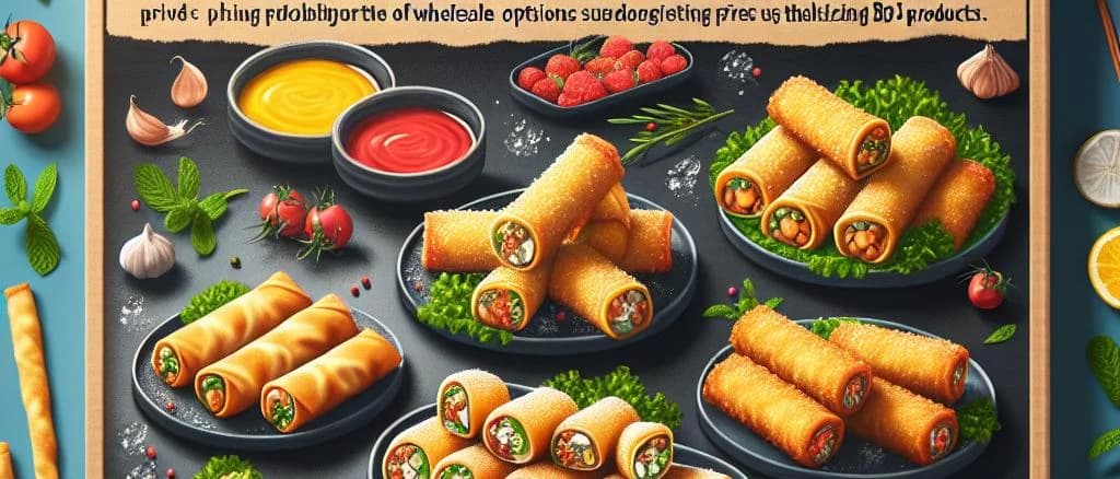 Frozen spring rolls in various packaging options against a professional kitchen background