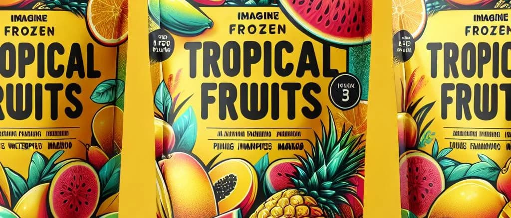 frozen tropical fruits assortment, vibrant colors, diverse packaging