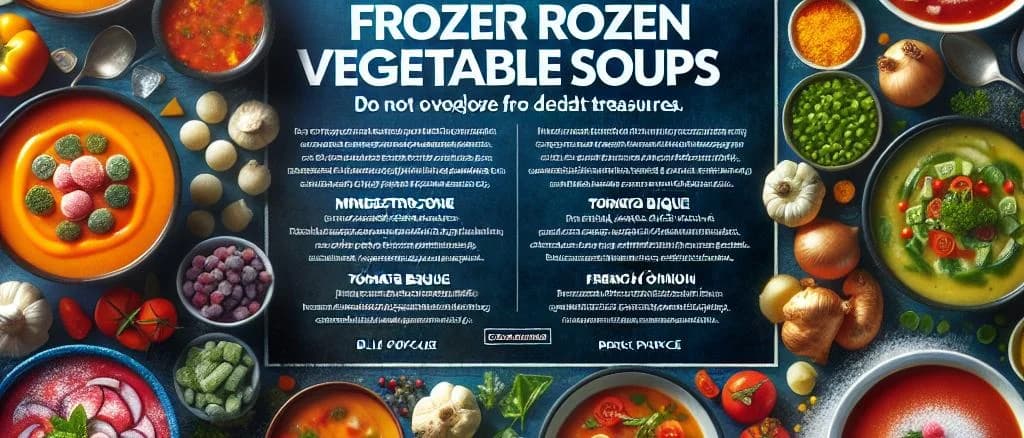 assortment of frozen vegetable soup packages with nature-inspired backgrounds