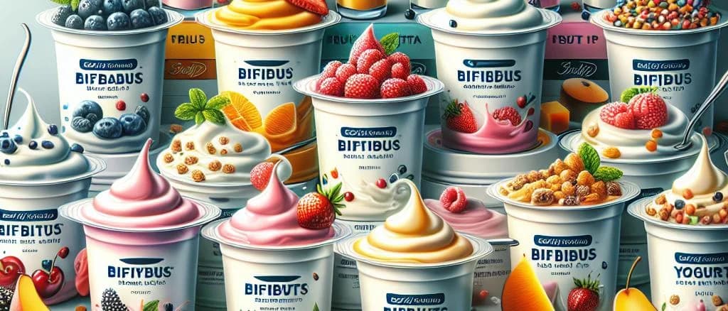 Assorted Fruit Bifidus Yogurt cups on a wooden table with various fruit garnishes