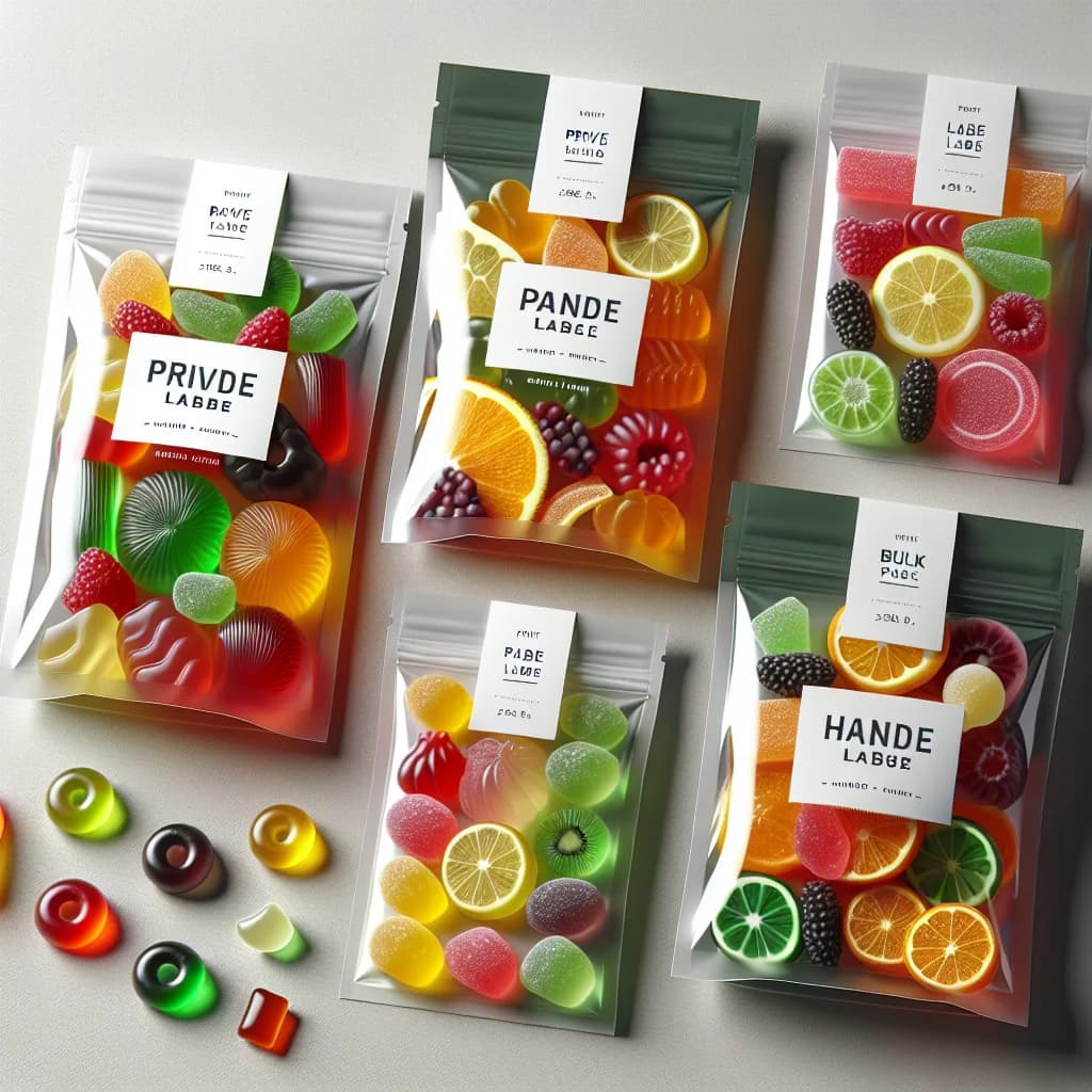 colorful fruit jelly candy variety in wholesale packaging on a clean, bright background