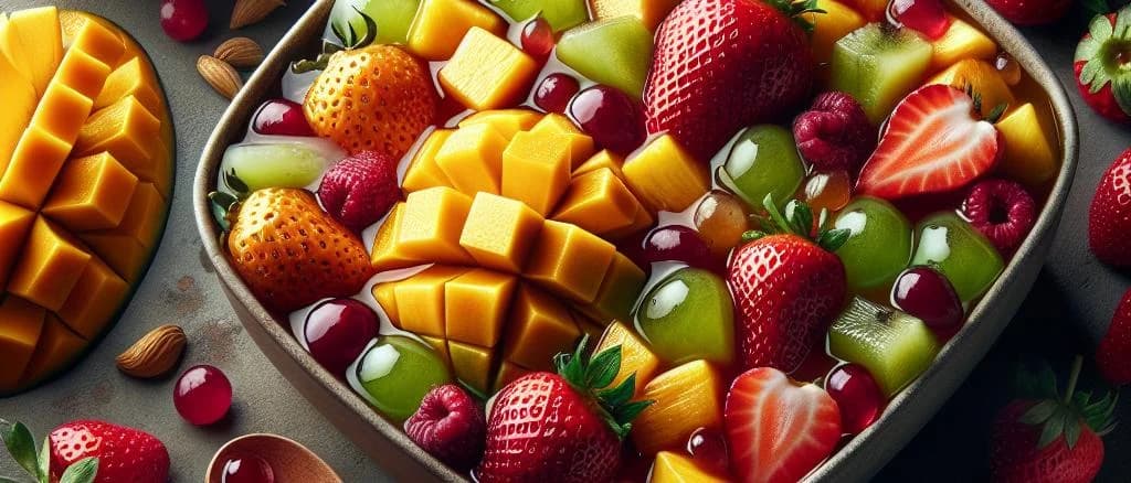 fruit salads in syrup variations on colorful backgrounds