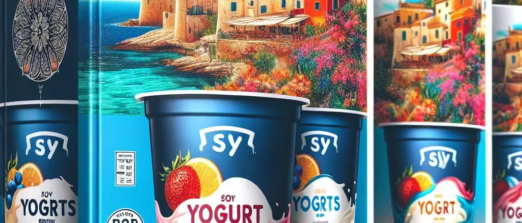 assorted fruit soy yogurts in varied packaging on a bright background