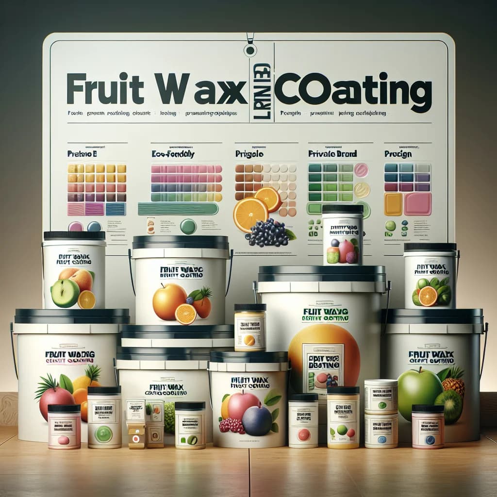 Various types of fruit wax coatings in innovative packaging on a clean background, showcasing eco-friendly options and vibrant product designs.