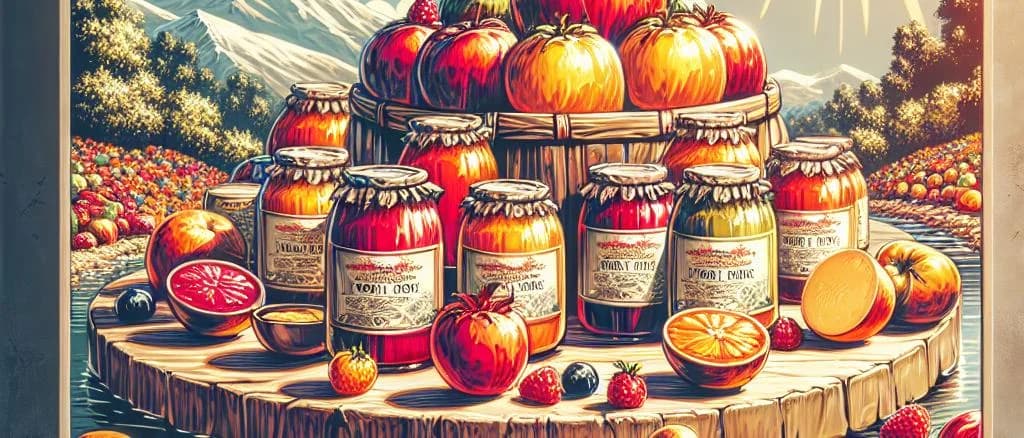 display of various fruits puree without sugar in glass jars, showcasing different flavors and packaging