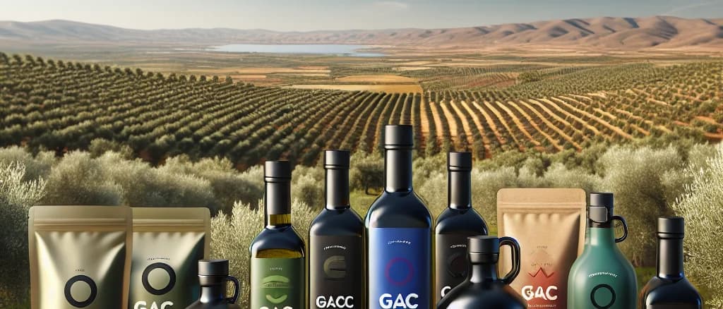 premium GACC olive oil bottles displayed with lush olive groves in the background