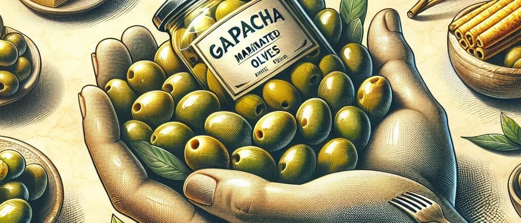 Assorted Gazpacha Marinated Green Olives in various packaging on a wooden surface