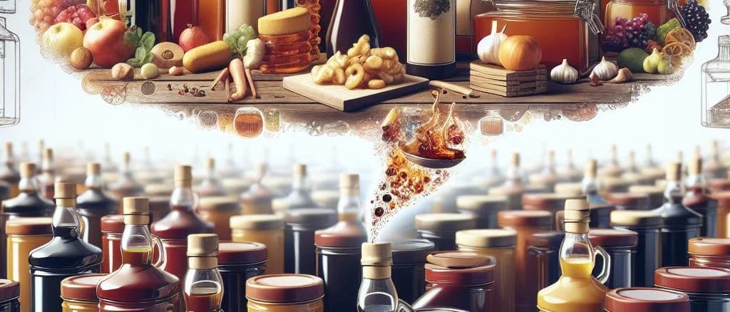 assortment of gourmet glazes with vinegar in a commercial setting