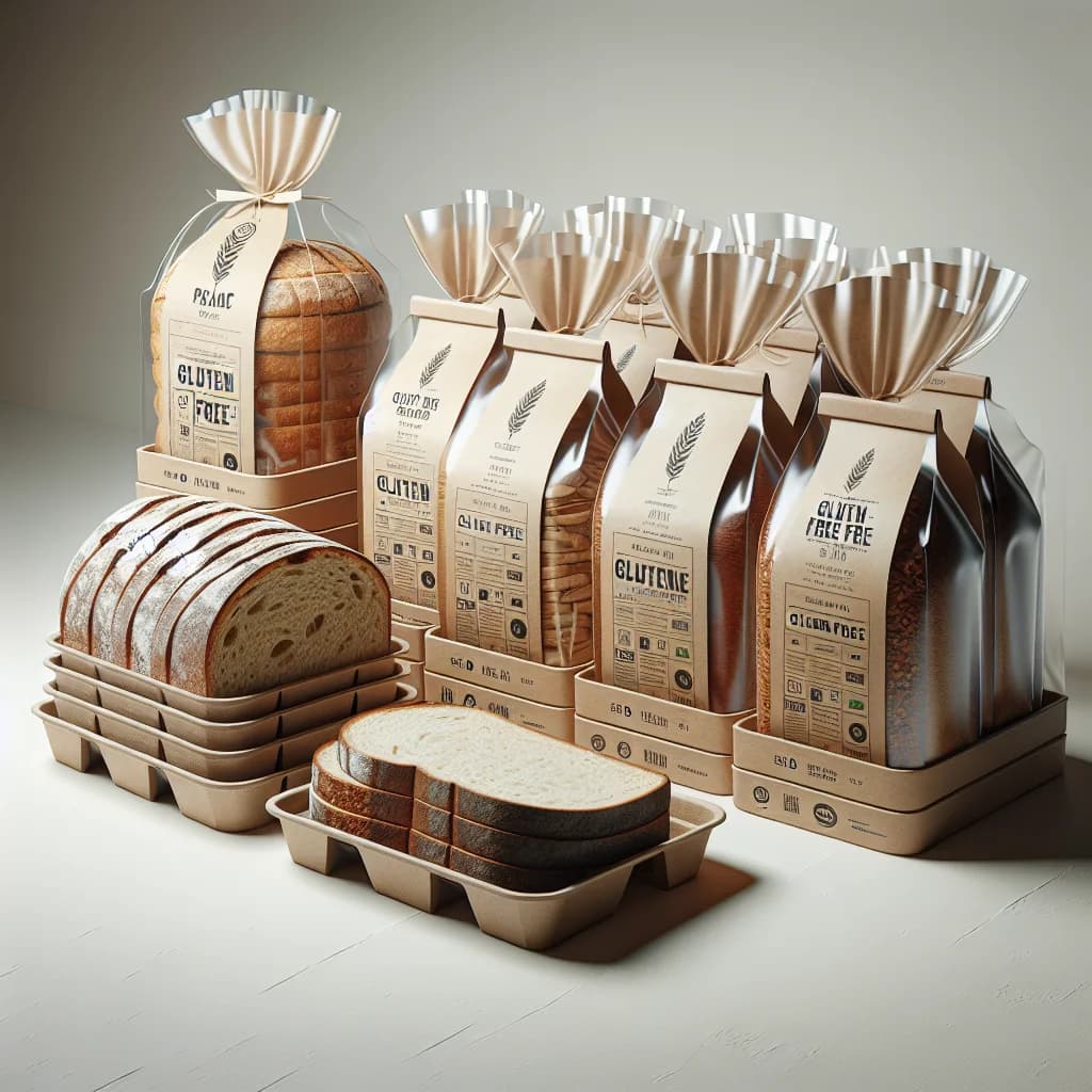 Packaged gluten free bread loaves in rustic and modern designs, suitable for wholesale and private label offerings