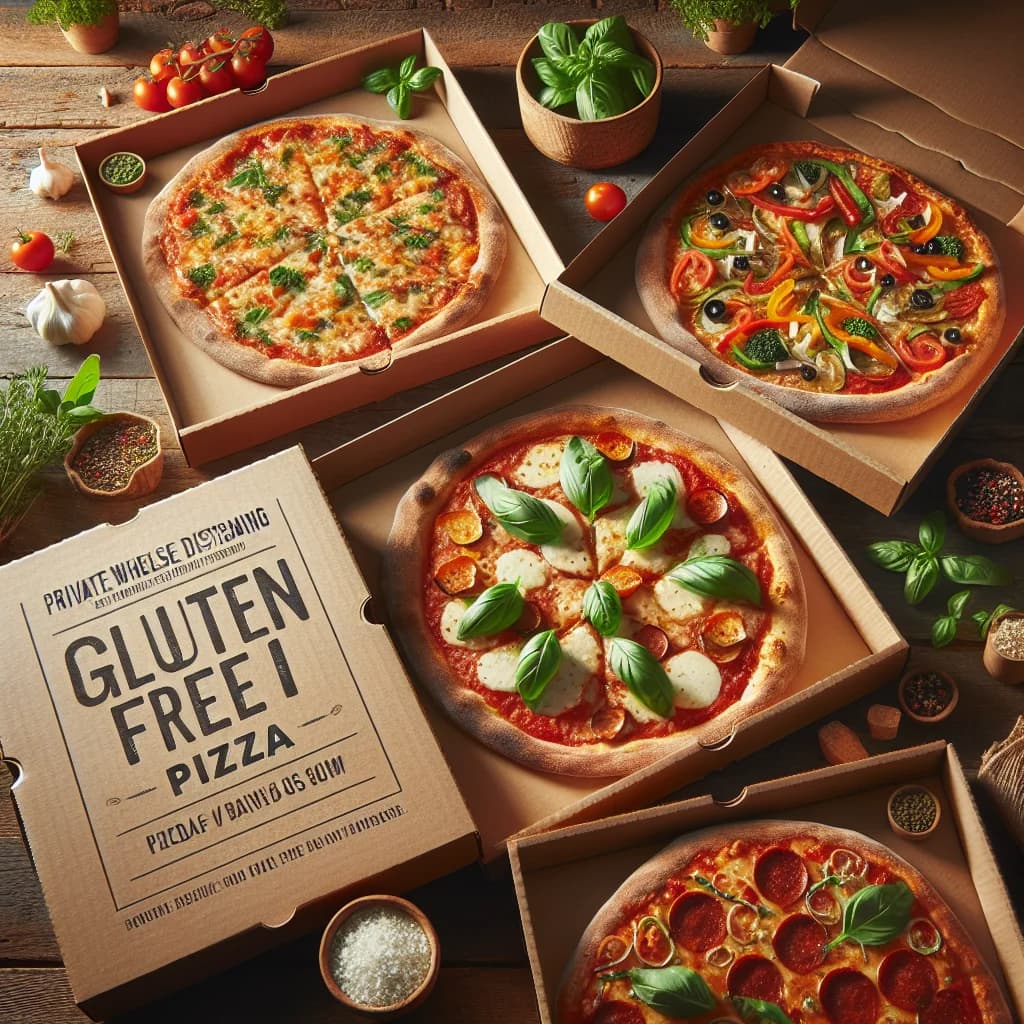 Gluten Free Pizza packaging in bulk and private label options with various toppings on rustic wooden background
