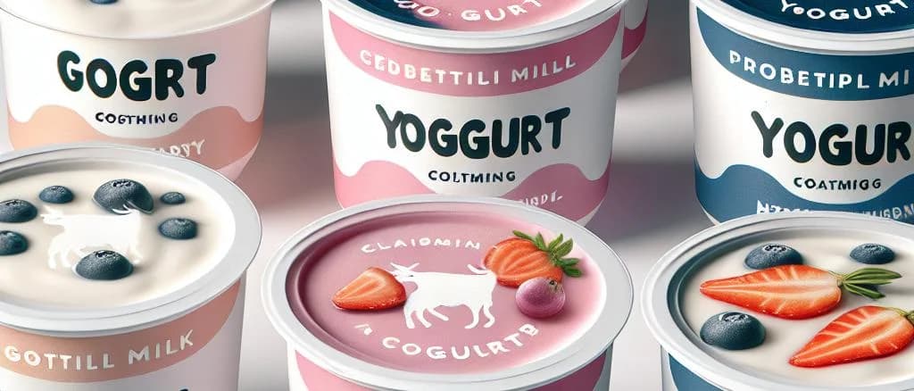 goat milk yogurt packaging showcasing three variations with different flavors