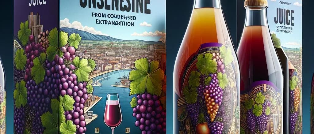 Grape juice from concentrate bottles on a countertop with varying packaging, showcasing multiple grape varieties.