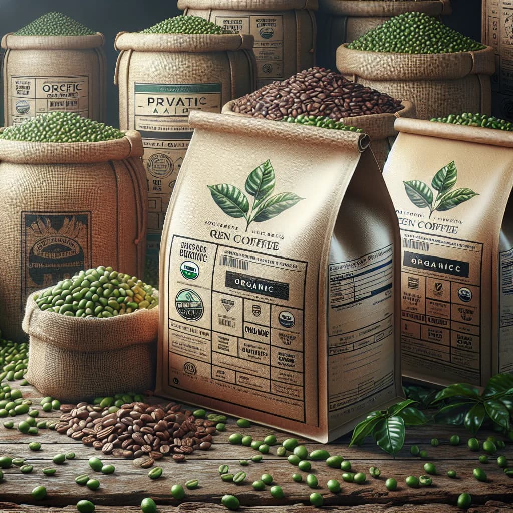 varieties of green coffee beans with eco-friendly packaging on a rustic wooden background