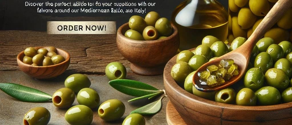 Green Cracked Olives with varied packaging on wooden background