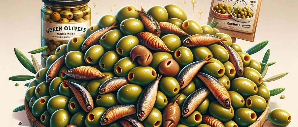 green olives stuffed with anchovies variations on a rustic wooden background