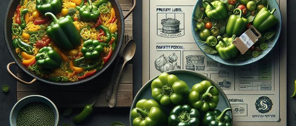 Green sweet peppers in a variety of packaging on a rustic wooden table