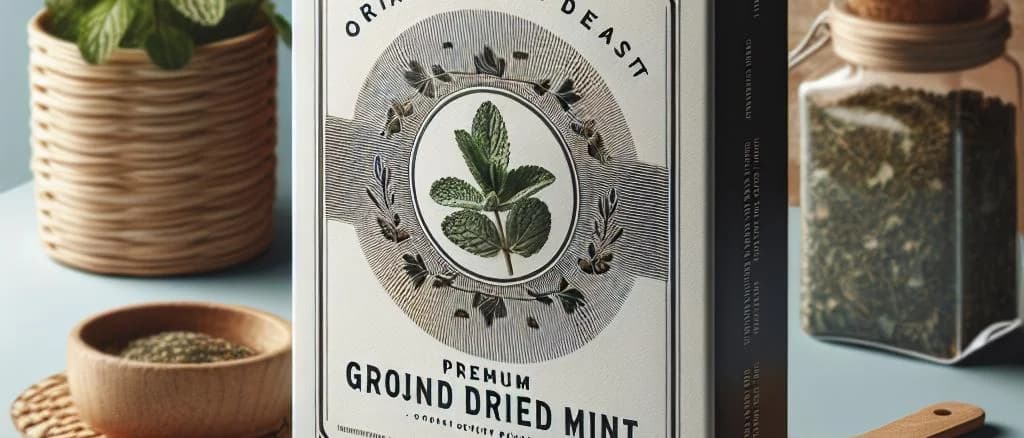 Various packaging of ground dried mint on a rustic wooden table with green leaves