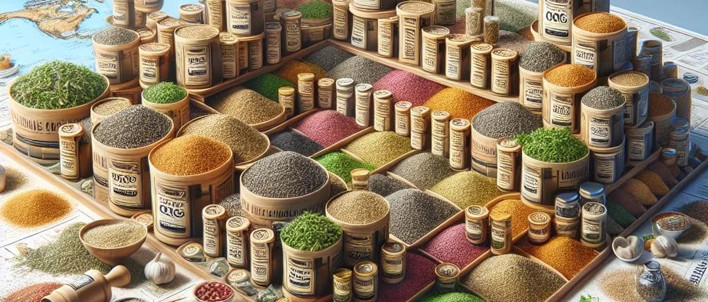 various dried oregano products in different packaging against a neutral background