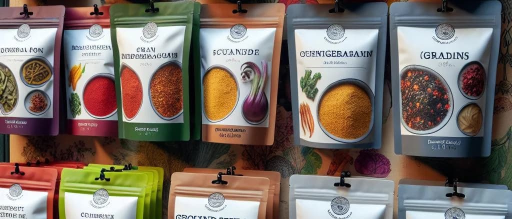 Assorted ground dried vegetables in various packaging on wooden background