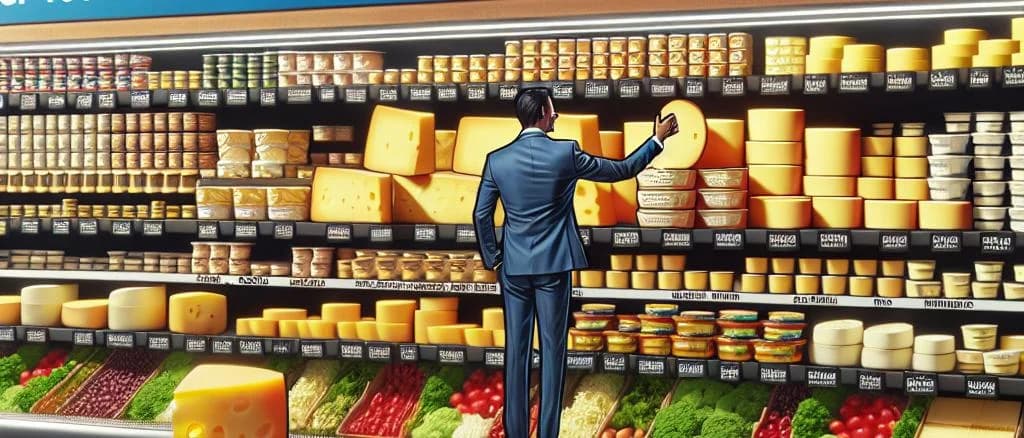 Assorted half-cooked pressed cheeses on wooden board, with packaging variations