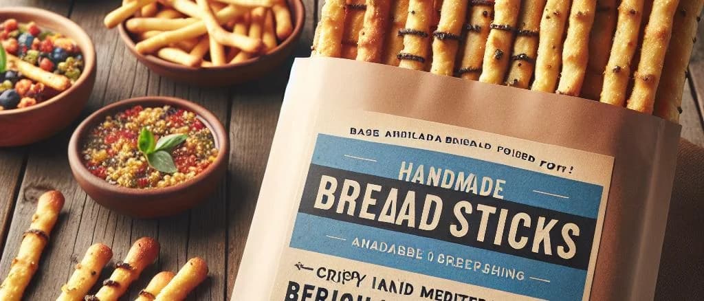 Handmade breadsticks with varied flavors and packaging on a rustic wooden table