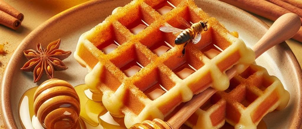 Assorted honey stuffed waffles on wooden board with syrup drizzles