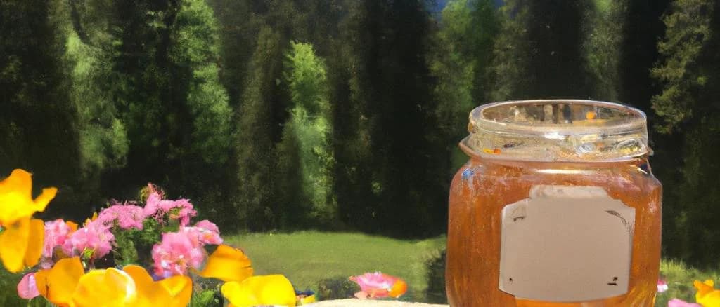 Collection of Alpine honeys with various packaging and mountain backdrop