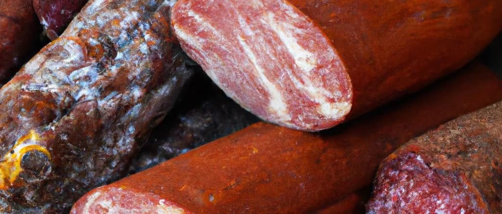 assorted Hungarian meat products in various packaging on a rustic wooden table