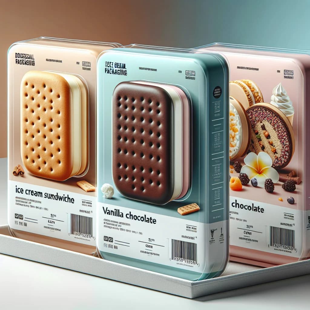 assorted ice cream sandwiches in various flavors and packaging on a colorful background