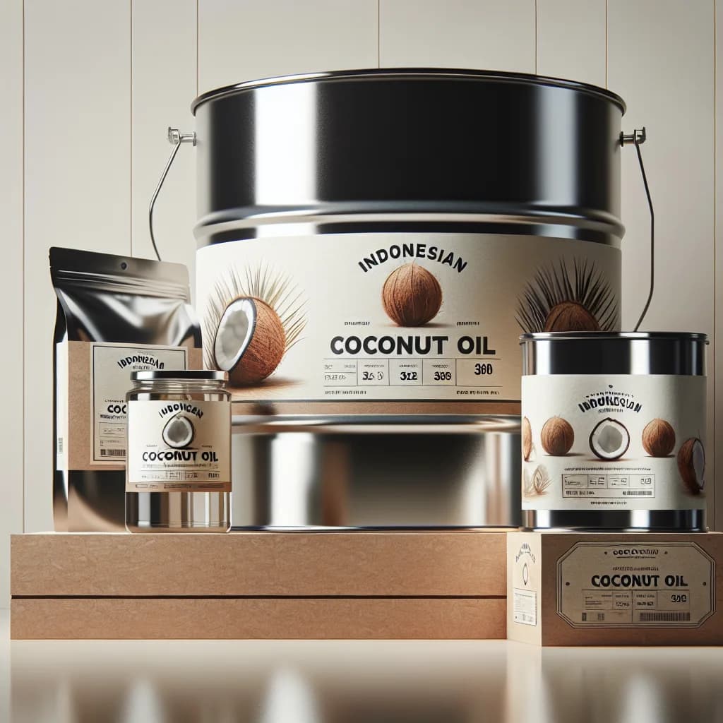 varieties of Indonesia coconut oil in bulk and private label packaging displayed on a modern background