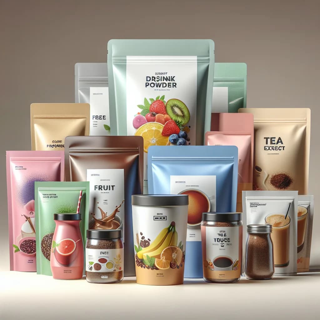assorted instant drink powders in vibrant packaging with different flavors on a professional background