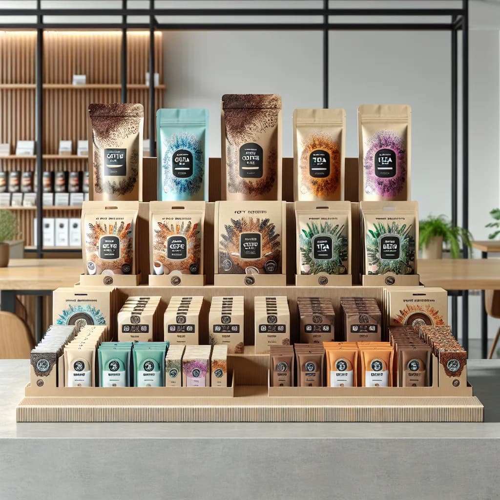 variety of instant hot beverages in eco-friendly packaging on a wooden countertop, including coffee, tea, and hot chocolate options