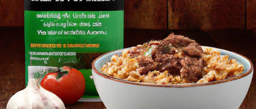 instant pasta with beef in various packaging on a rustic wooden table