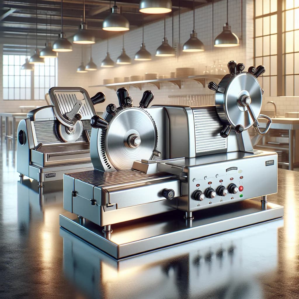 sleek Italian meat slicers on a professional countertop with stainless steel finishes, ideal for wholesale and bulk sourcing
