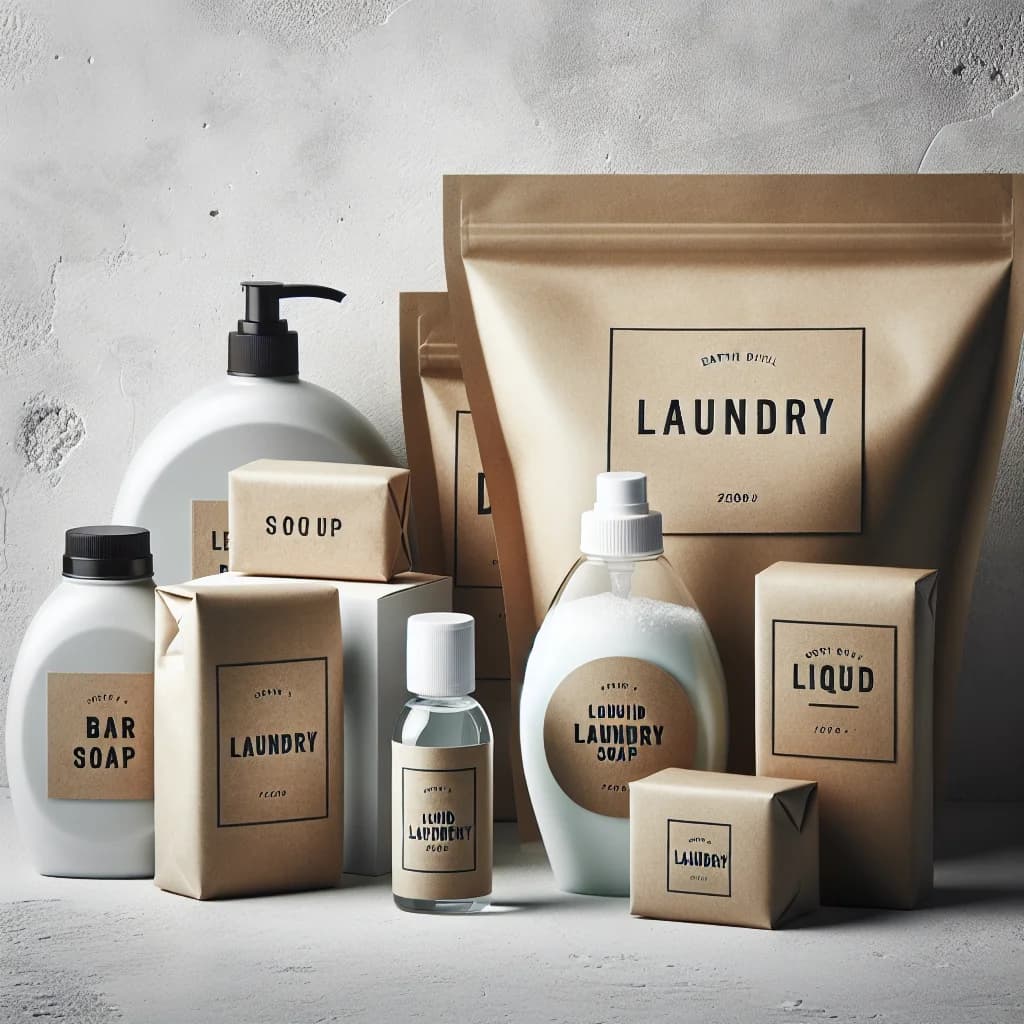 variety of laundry soap products in eco-friendly packaging on a clean, minimal background