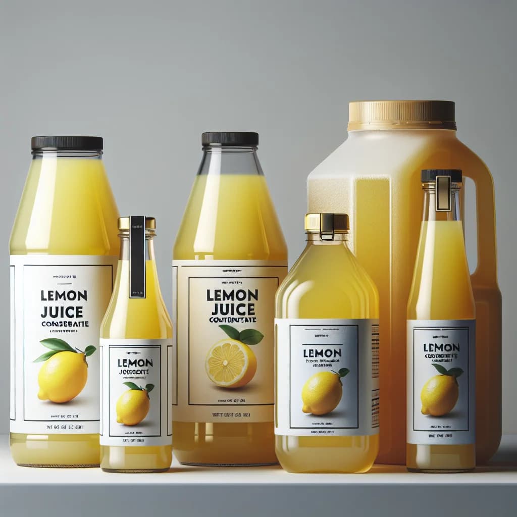Lemon juice concentrate bottles in varying sizes on a clean white background, showing private label and wholesale packaging options