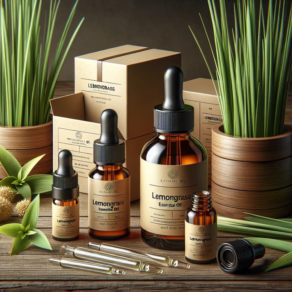 lemongrass essential oil bottles with natural packaging on a clean, botanical background