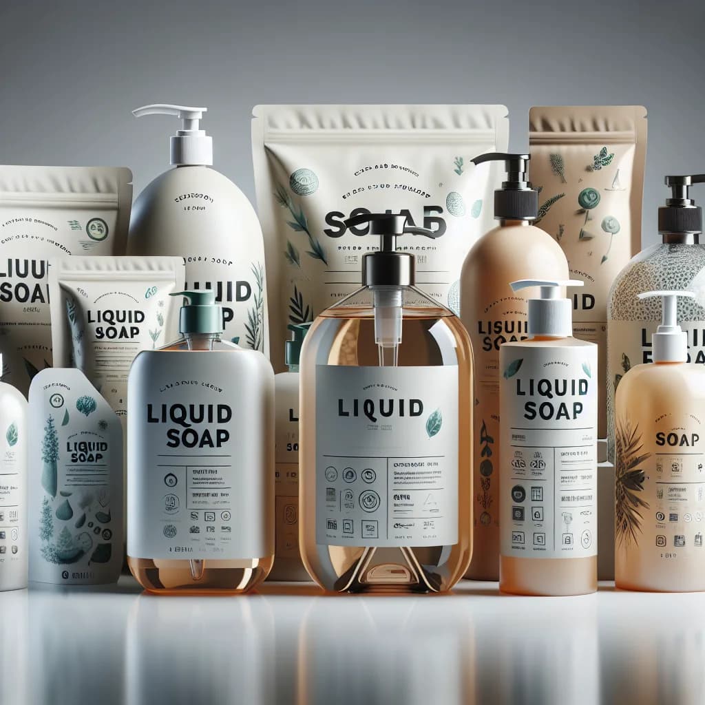 variety of liquid soap bottles with different packaging on a clean minimalistic background