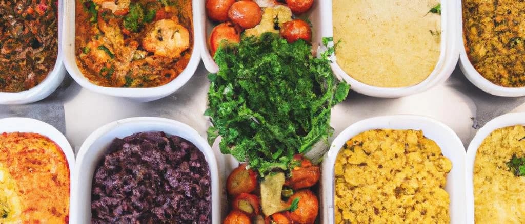 assorted low-fat prepared meals in eco-friendly packaging on a wooden table
