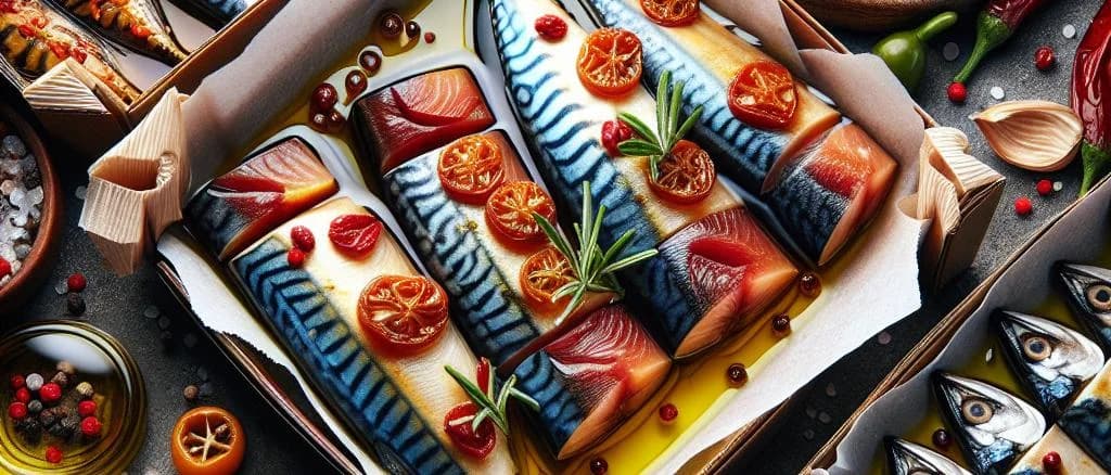 mackerel fillets in olive oil with diverse packaging on a wooden background