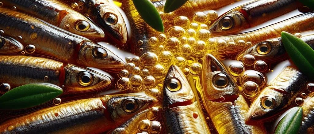 marinated anchovy fillets in vegetable oil with various packaging on a rustic wooden table