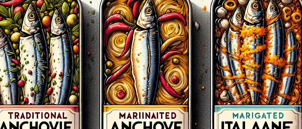 Marinated anchovy fillets with various packaging options on a wooden background