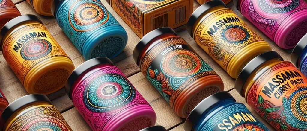 Massaman curry paste variations in jars with colorful labels on wooden shelf